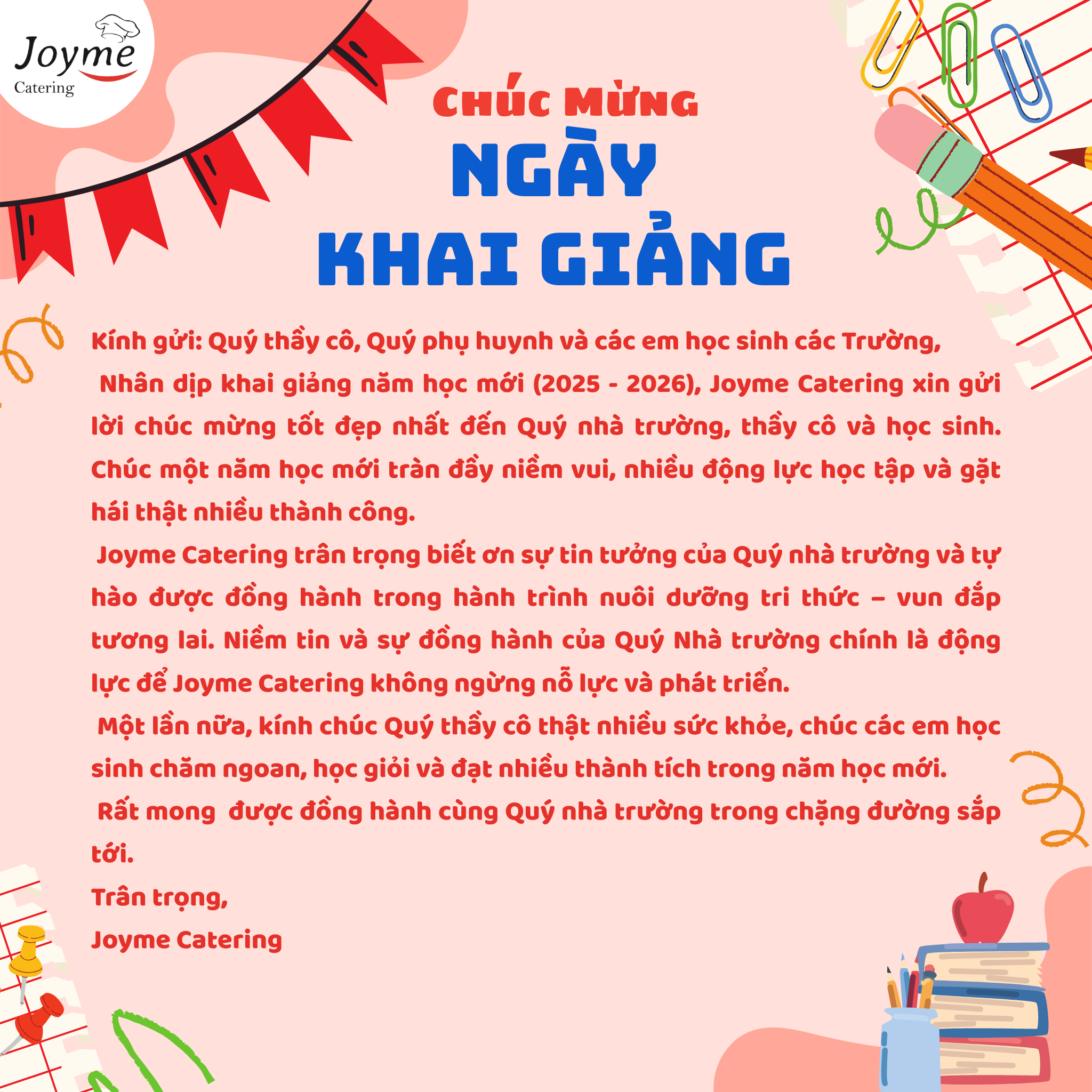 🎉 Chào Mừng Ngày Khai Giảng – JOYME CATERING Đồng Hành Cùng Thế Hệ Tương Lai